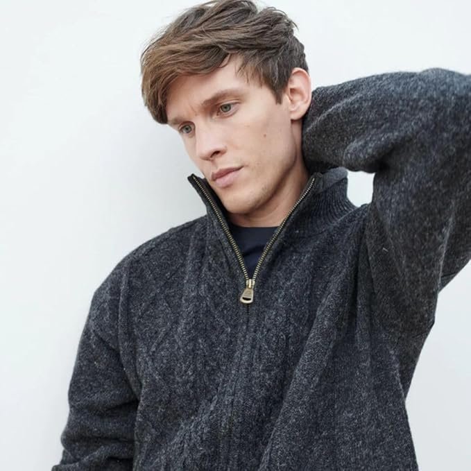 Men's Irish Wool Sweater, Full Zip, Front Pockets, Lined Interior, Gray - Image 5
